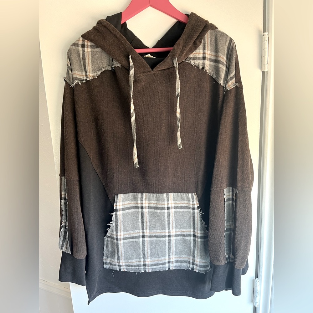 POL - Hoodie - Oversized - Plaid Detail - Kangaroo Pouch - Brown - Size M